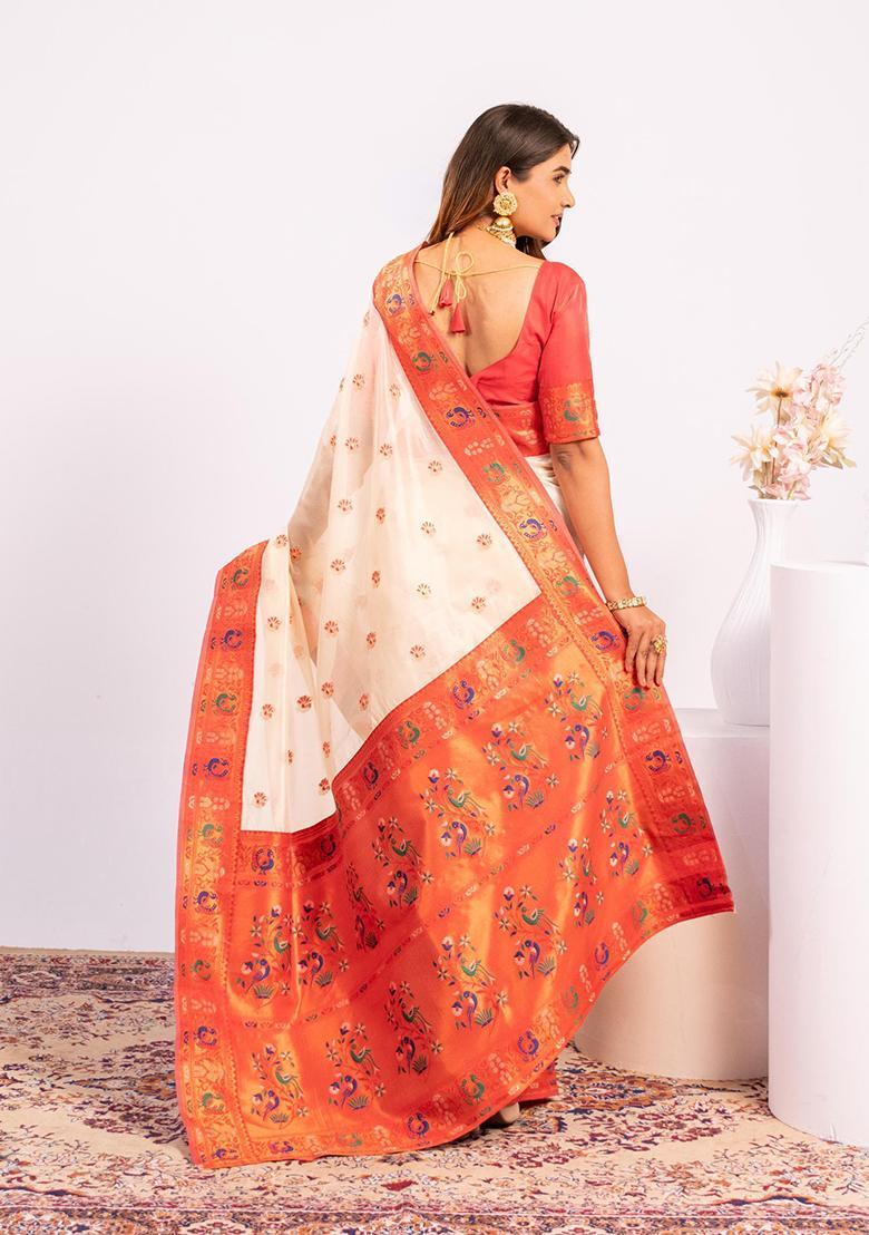 White Zari Work Silk Saree Set - Indya