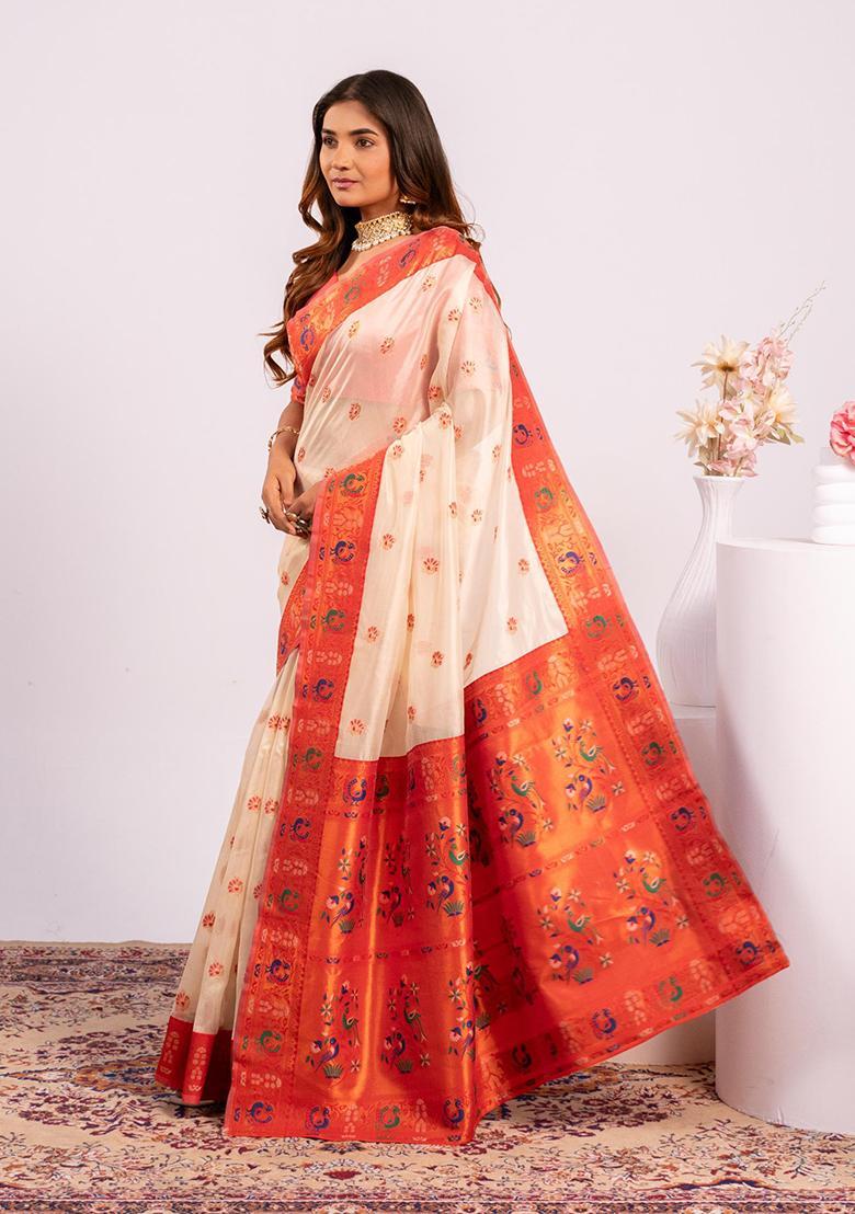 White Zari Work Silk Saree Set - Indya