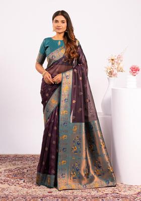 Wine Zari Work Silk Saree Set