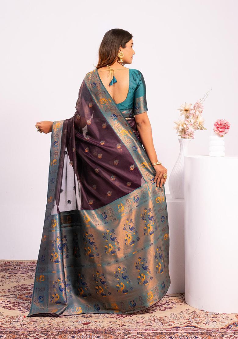 Wine Zari Work Silk Saree Set - Indya
