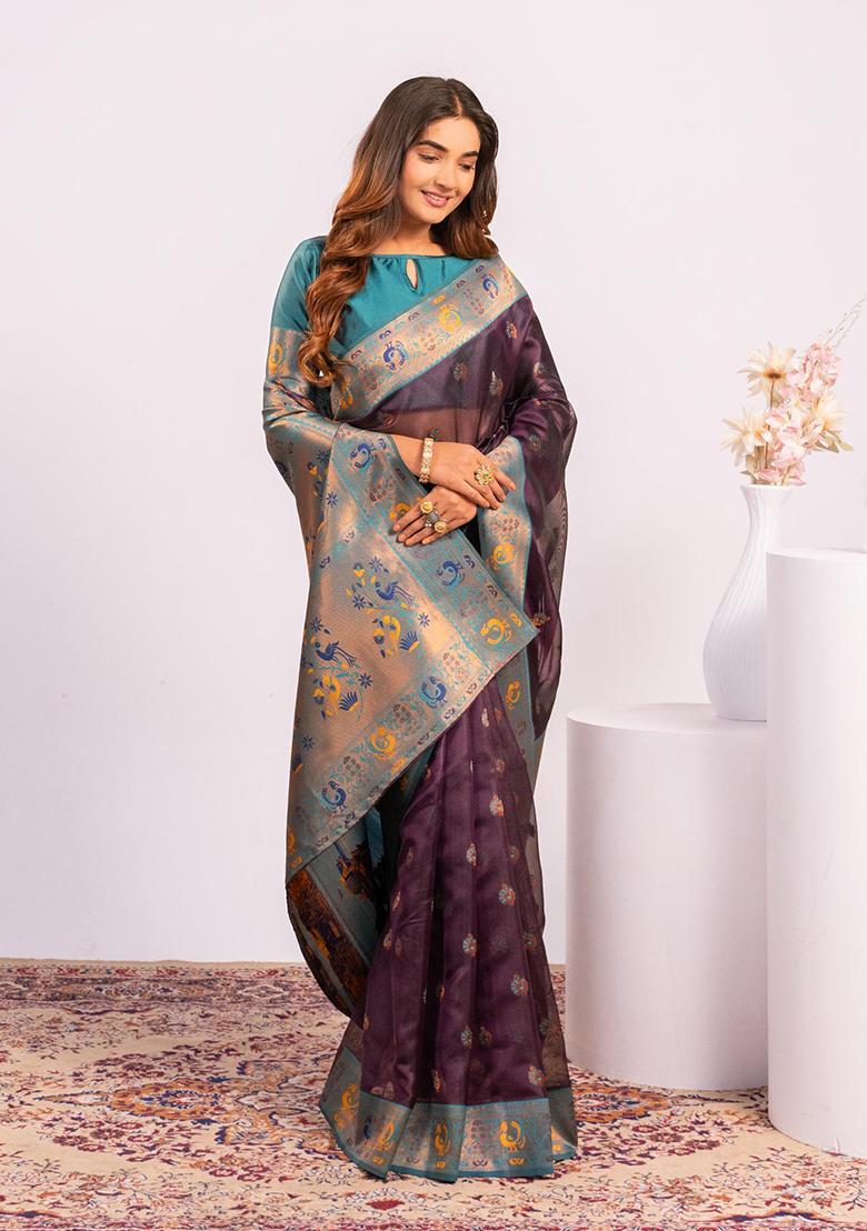 Wine Zari Work Silk Saree Set - Indya