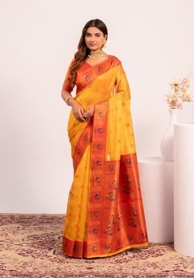 Yellow Zari Work Silk Saree Set