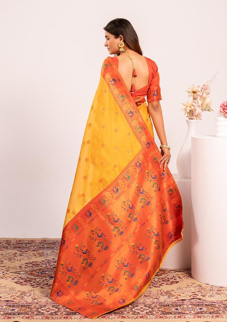 Yellow Zari Work Silk Saree Set - Indya