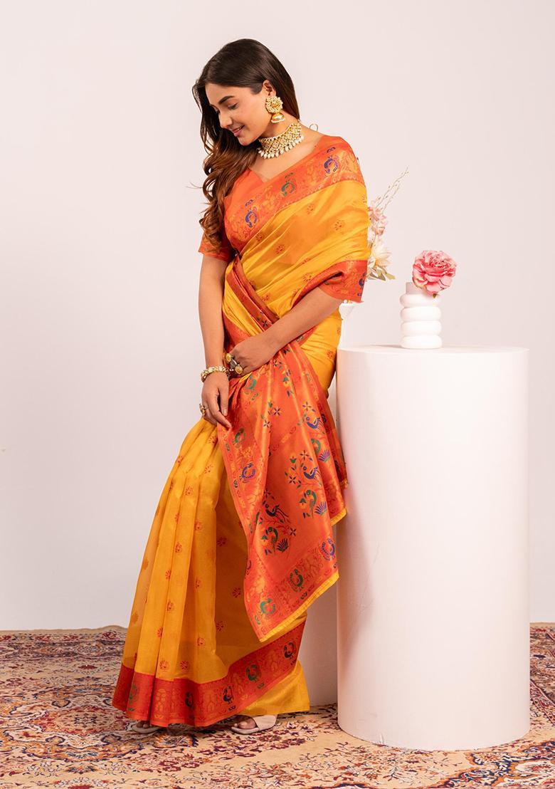 Yellow Zari Work Silk Saree Set - Indya
