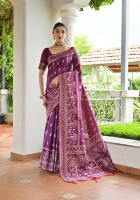Wine Resham Woven Silk Saree Set