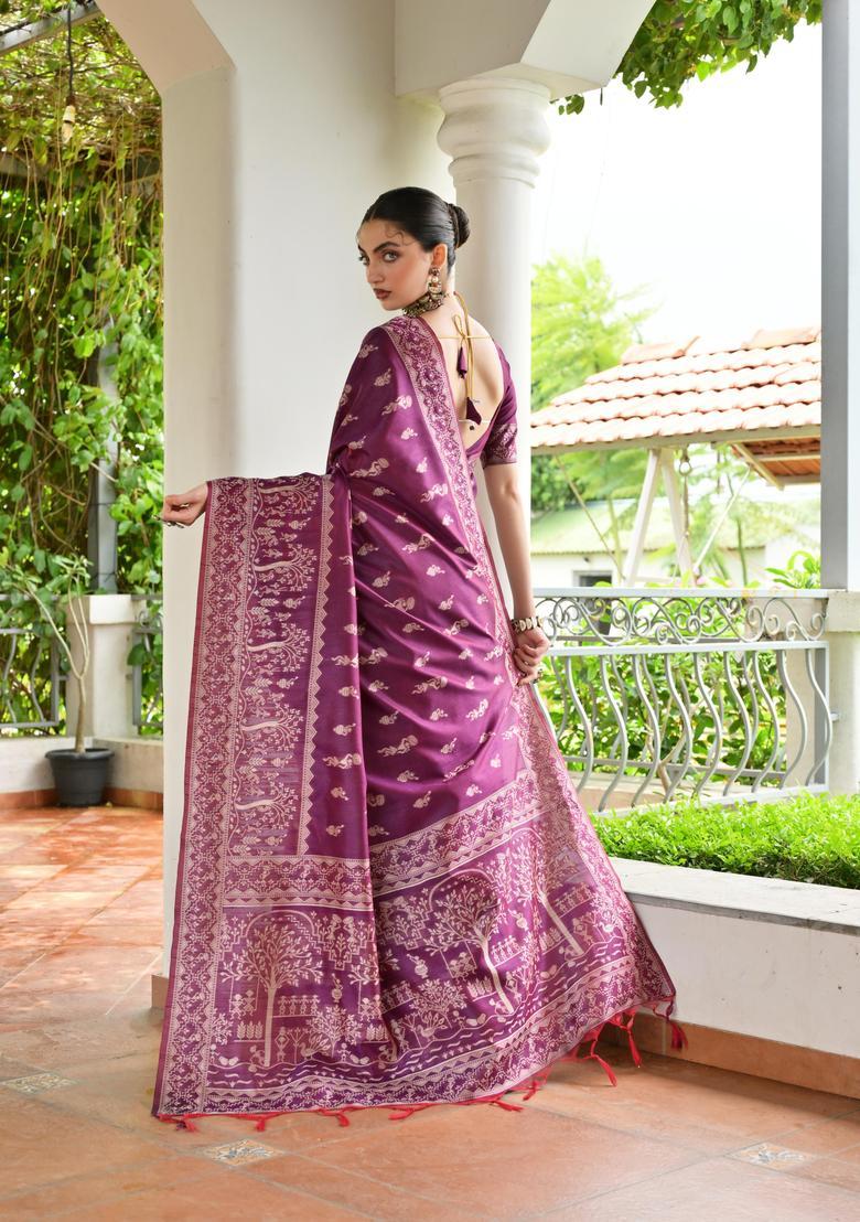 Wine Resham Woven Silk Saree Set - Indya