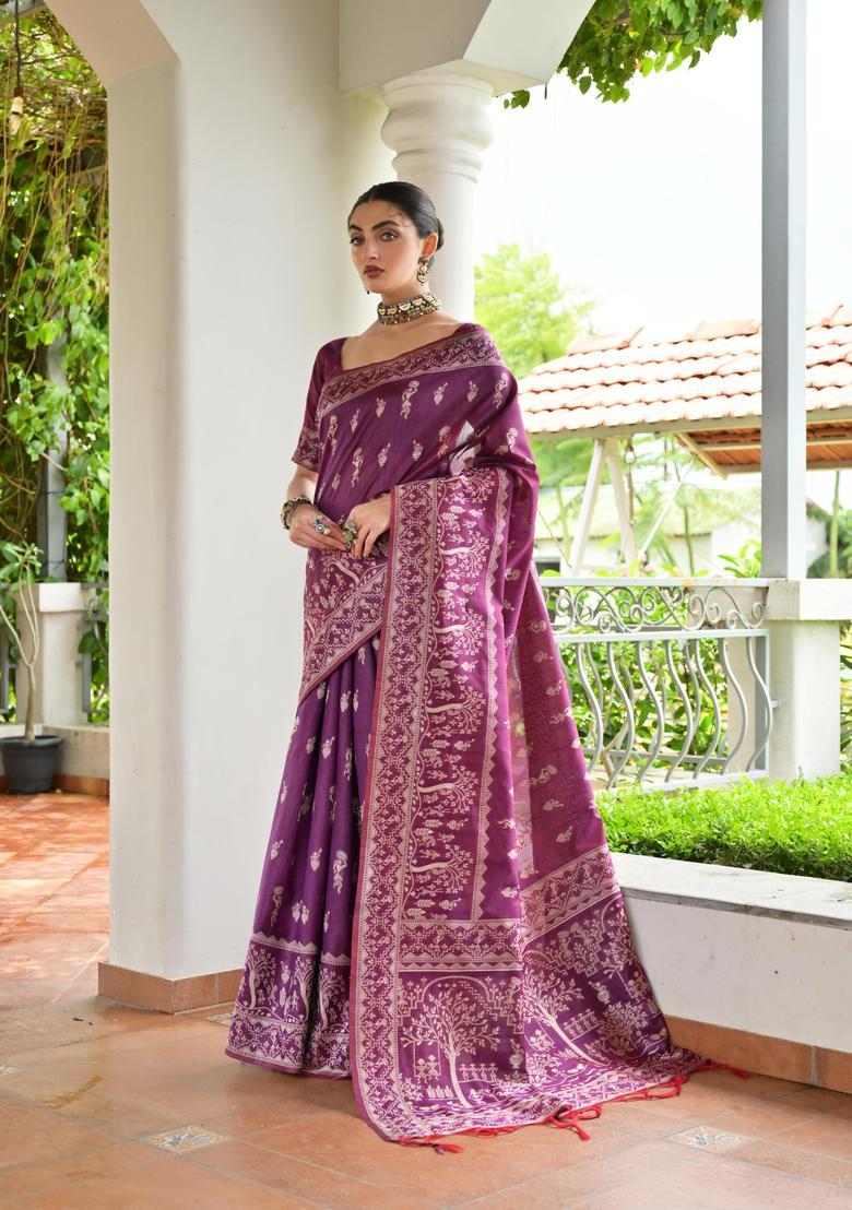 Wine Resham Woven Silk Saree Set - Indya