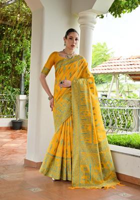 Yellow Resham Woven Silk Saree Set