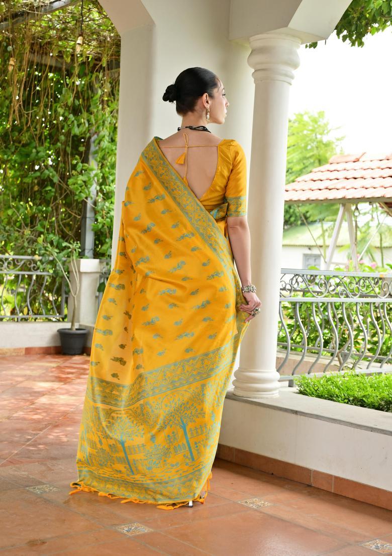 Yellow Resham Woven Silk Saree Set - Indya