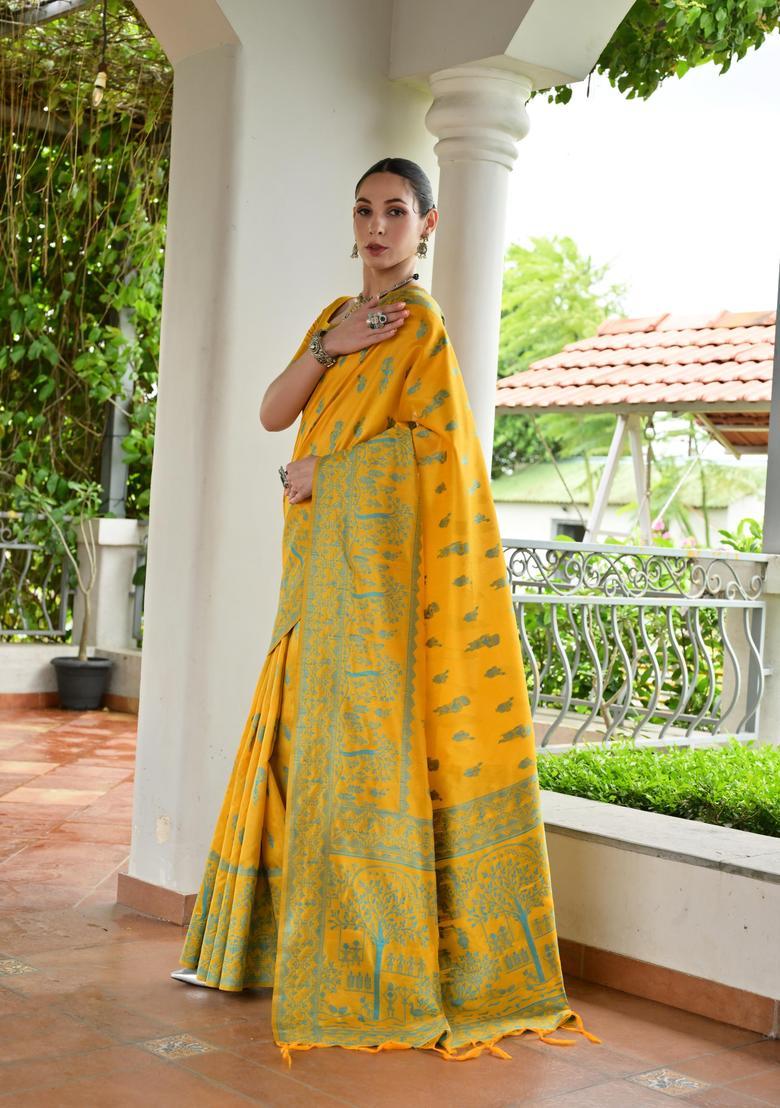 Yellow Resham Woven Silk Saree Set - Indya