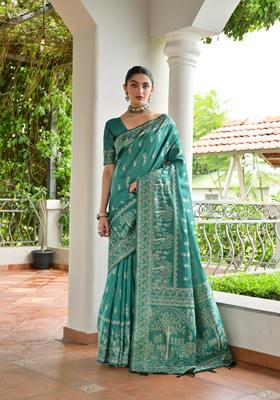 Sea Green Resham Woven Silk Saree Set