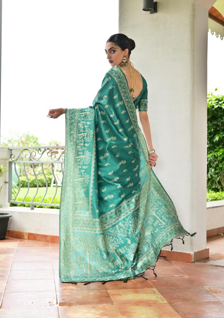 Sea Green Resham Woven Silk Saree Set - Indya