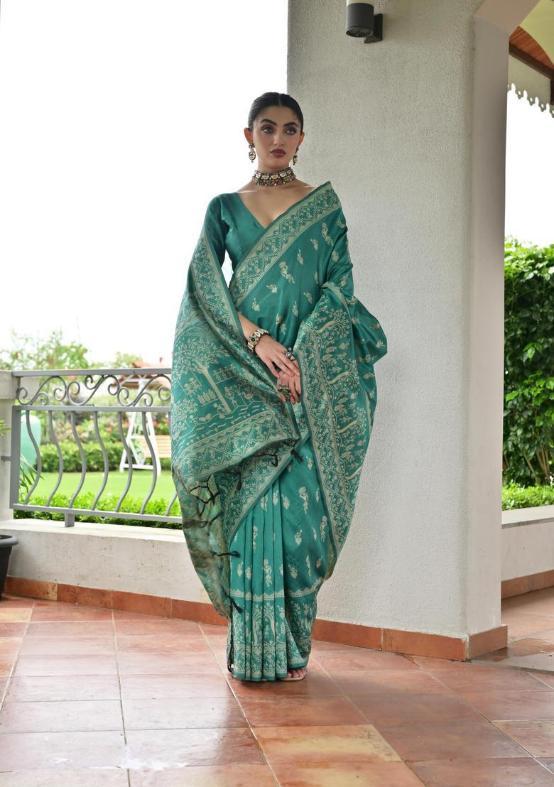 Sea Green Resham Woven Silk Saree Set - Indya