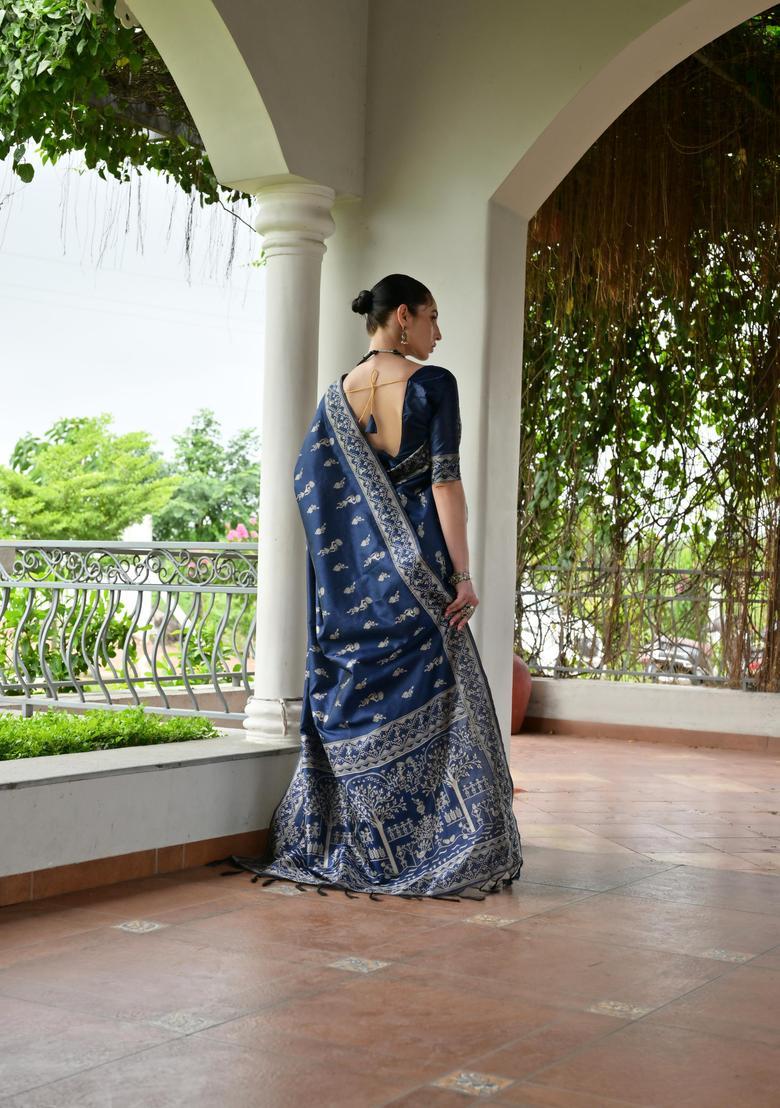Blue Resham Woven Silk Saree Set - Indya