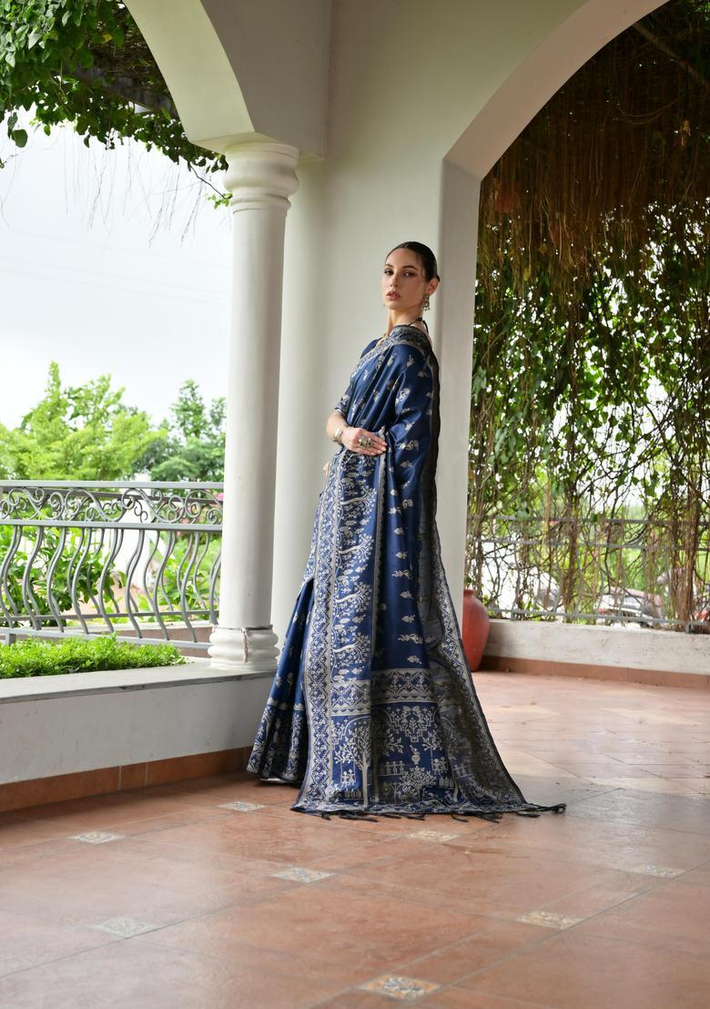 Blue Resham Woven Silk Saree Set - Indya