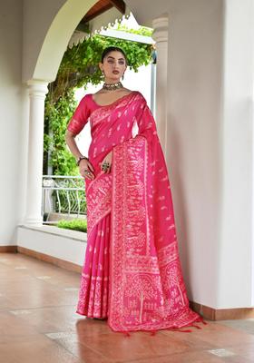 Pink Resham Woven Silk Saree Set