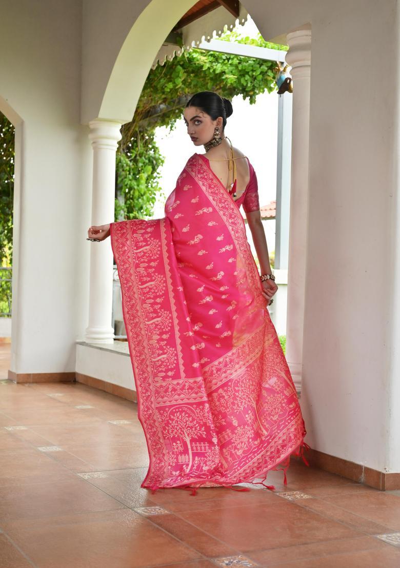 Pink Resham Woven Silk Saree Set - Indya