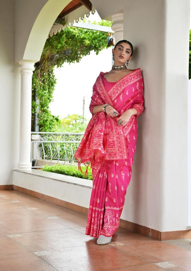 Pink Resham Woven Silk Saree Set - Indya