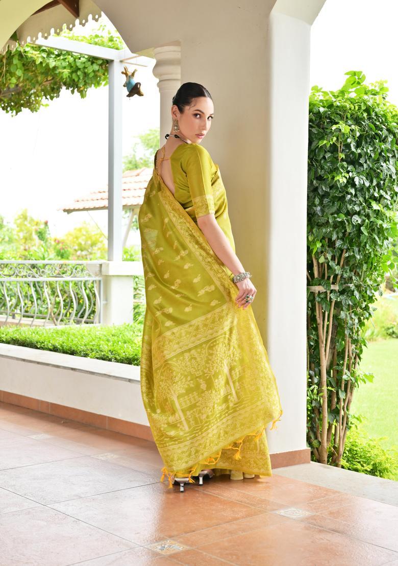 Olive Resham Woven Silk Saree Set - Indya