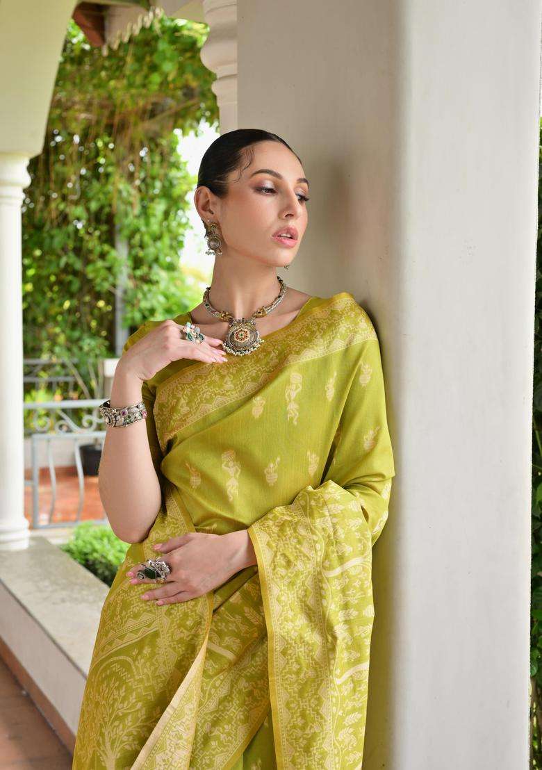 Olive Resham Woven Silk Saree Set for Diwali | Wedding & Festive Wear - Indya