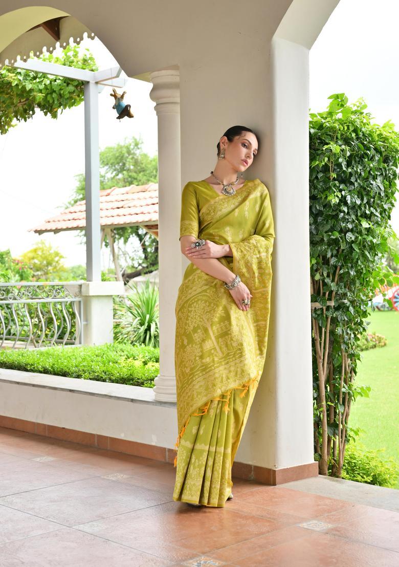 Olive Resham Woven Silk Saree Set - Indya