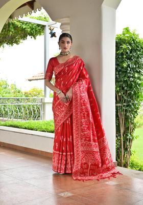 Red Resham Woven Silk Saree Set
