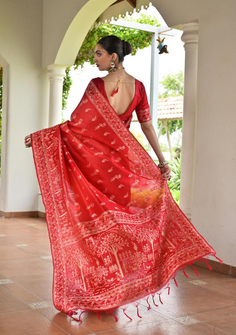 Red Resham Woven Silk Saree Set - Indya