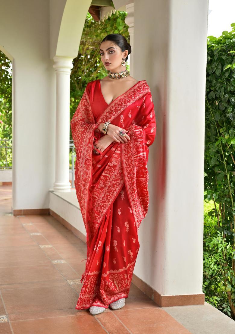 Red Resham Woven Silk Saree Set - Indya