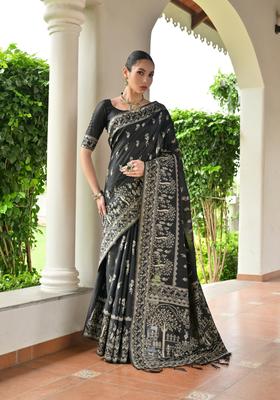 Black Resham Woven Silk Saree Set