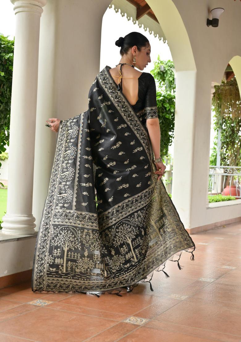 Black Resham Woven Silk Saree Set - Indya
