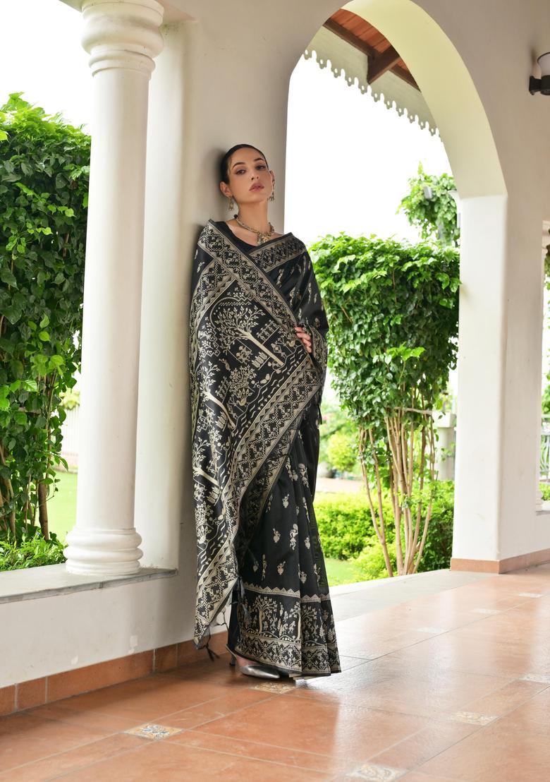 Black Resham Woven Silk Saree Set - Indya
