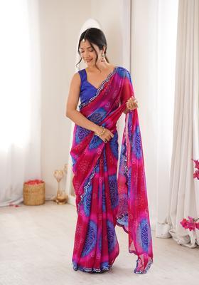 Blue Printed Georgette Saree Set