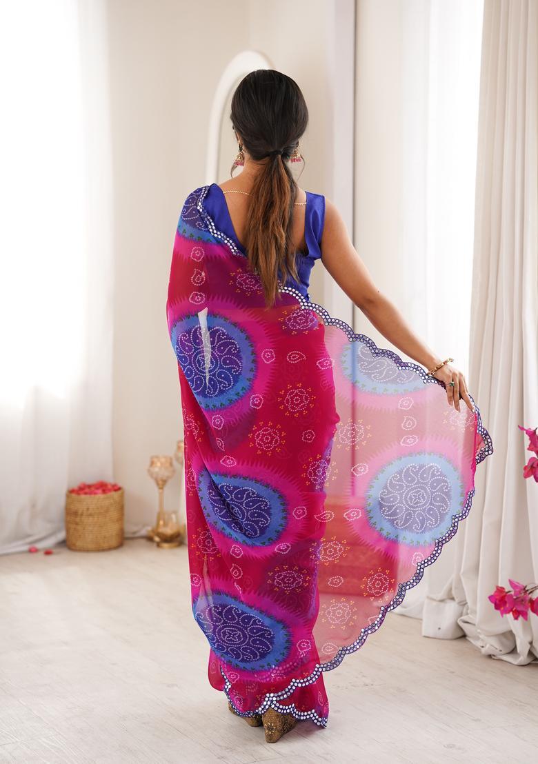 Blue Printed Georgette Saree Set - Indya