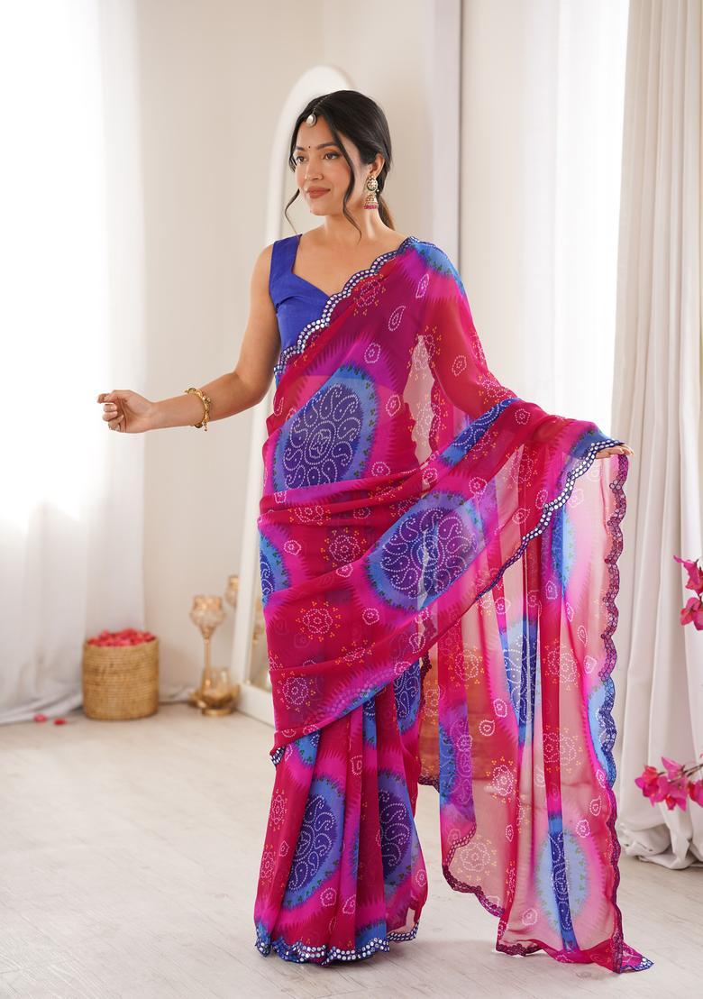 Blue Printed Georgette Saree Set - Indya