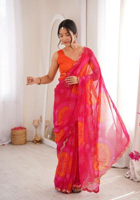 Pink Printed Georgette Saree Set