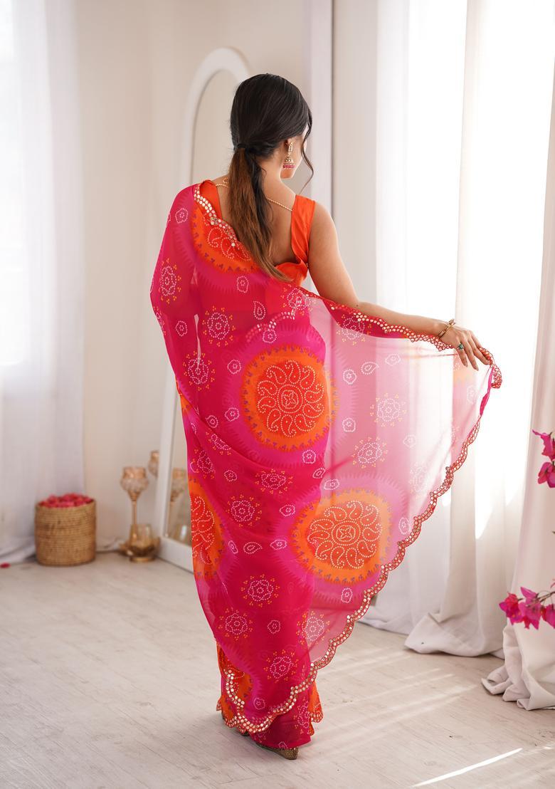 Pink Printed Georgette Saree Set - Indya