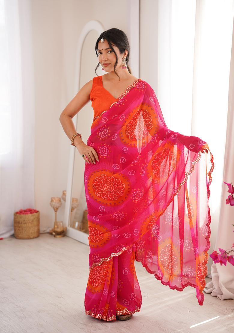 Pink Printed Georgette Saree Set - Indya