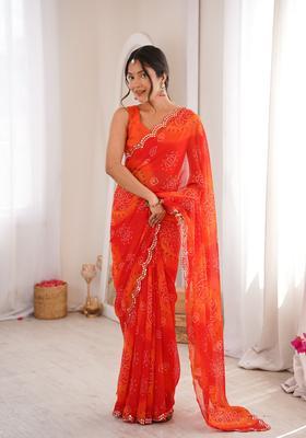 Red Printed Georgette Saree Set