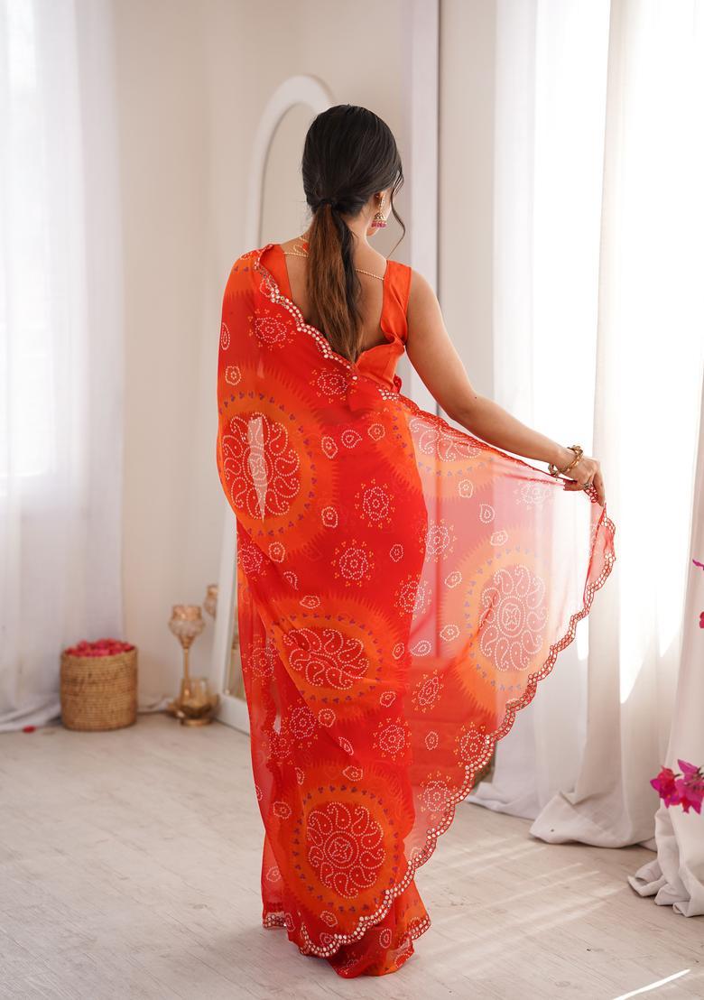 Red Printed Georgette Saree Set - Indya