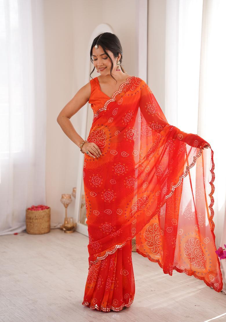 Red Printed Georgette Saree Set - Indya