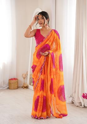 Yellow Printed Georgette Saree Set