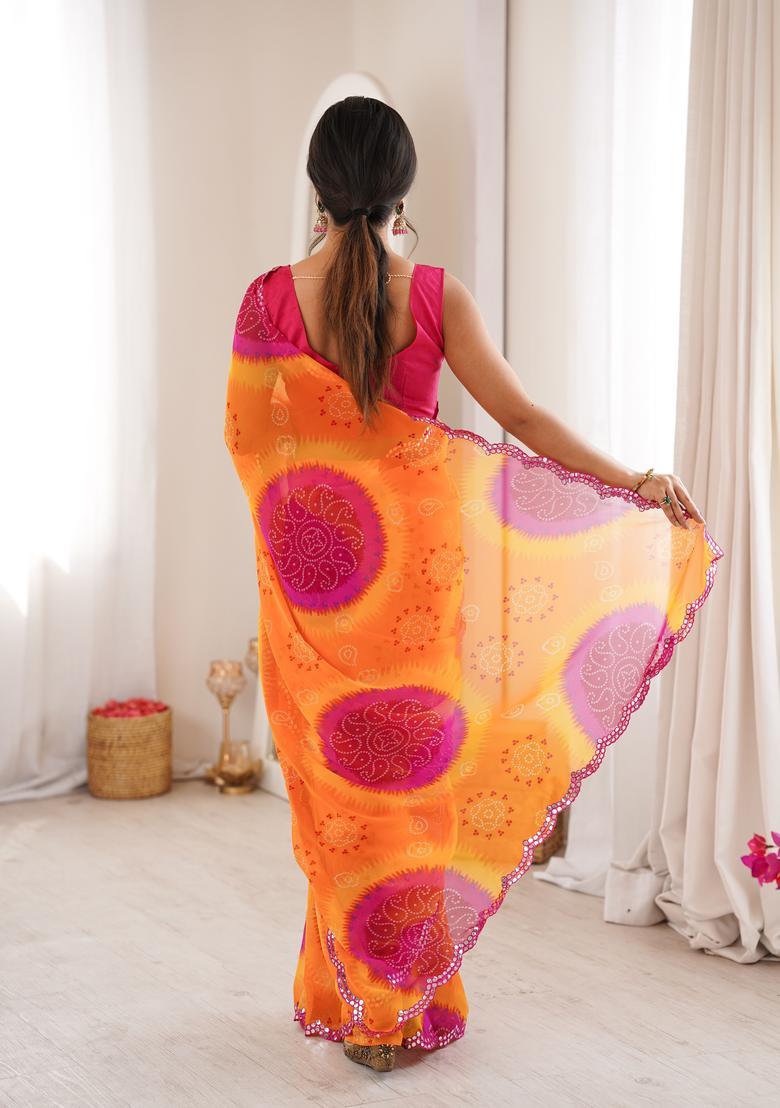 Yellow Printed Georgette Saree Set - Indya