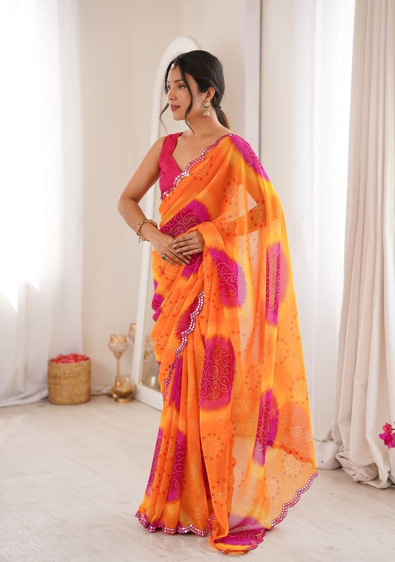 Yellow Printed Georgette Saree Set - Indya