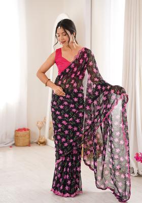Black Printed Georgette Saree Set