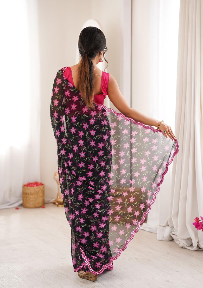 Black Printed Georgette Saree Set - Indya