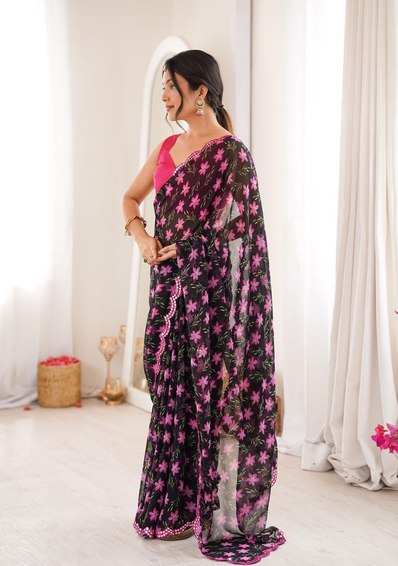 Black Printed Georgette Saree Set - Indya