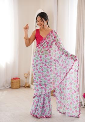 Sky Blue Printed Georgette Saree Set