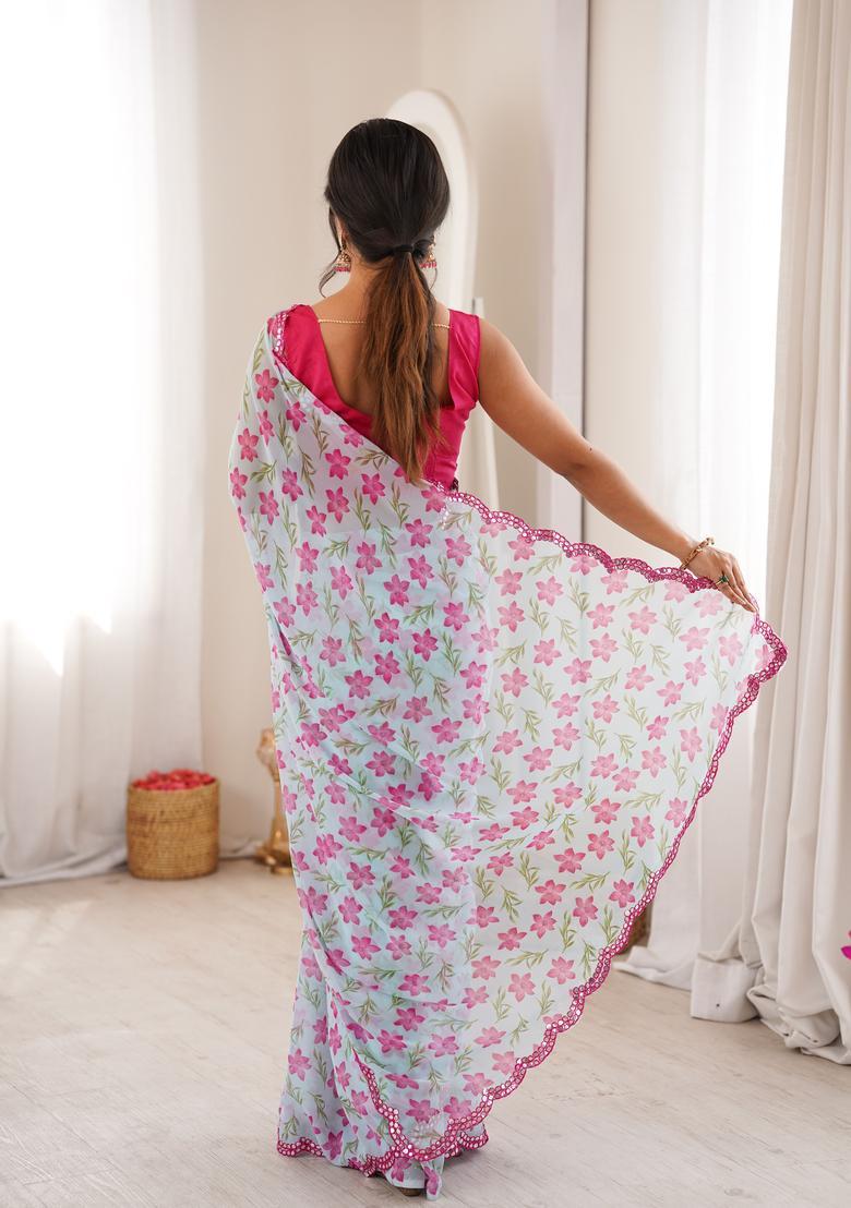 Sky Blue Printed Georgette Saree Set - Indya
