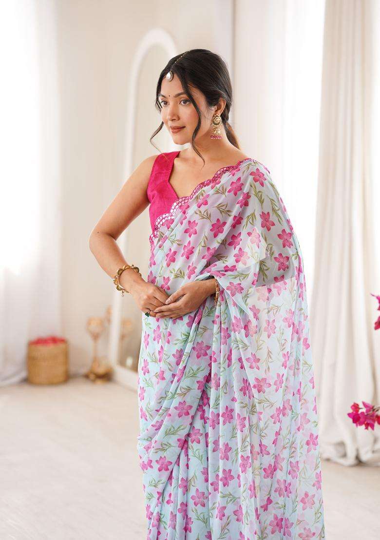 Sky Blue Georgette Saree Set with Printed for Diwali | Wedding & Festive Wear - Indya