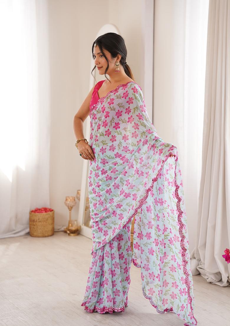 Sky Blue Printed Georgette Saree Set - Indya
